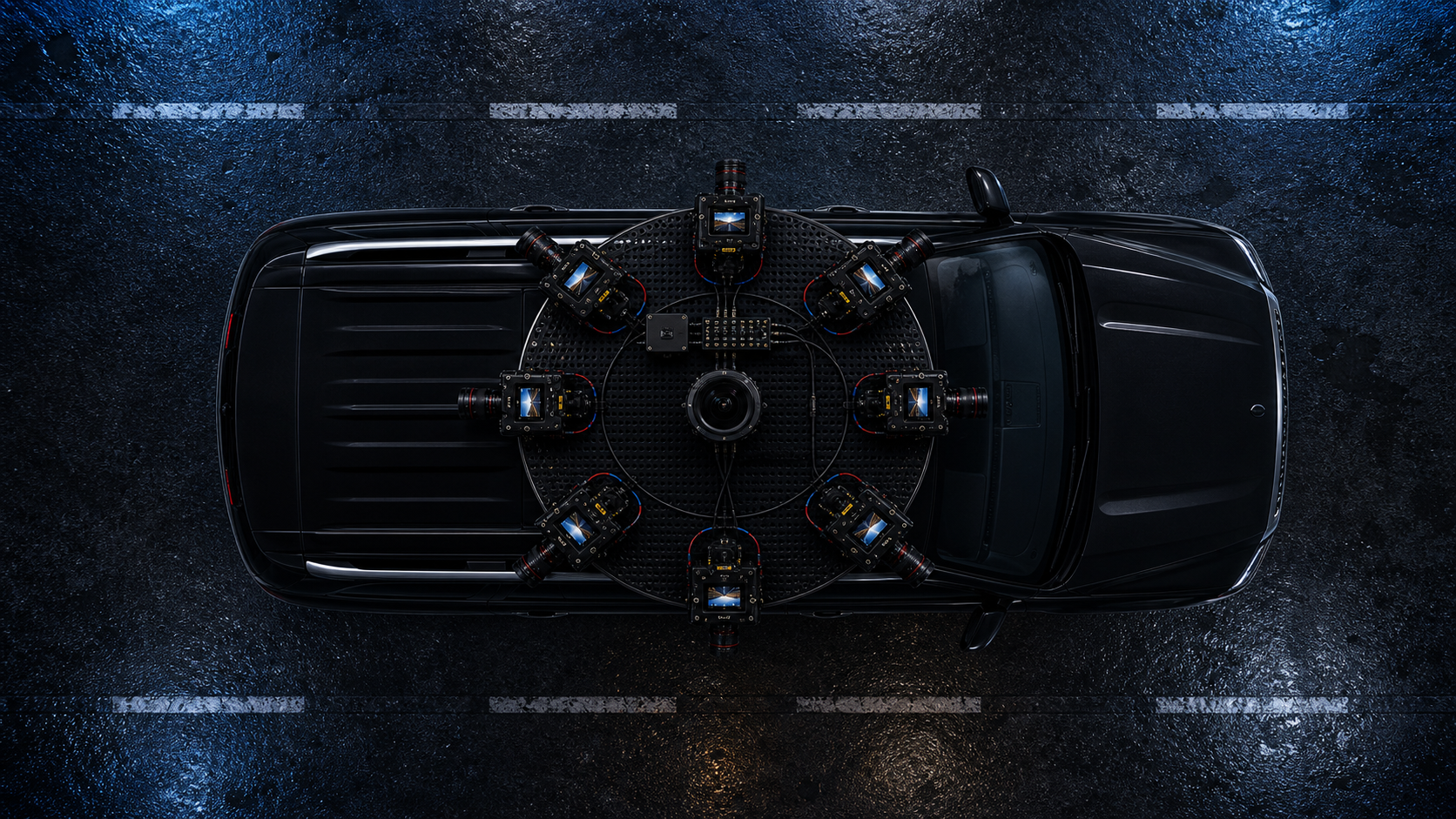 CineXR top-down SUV camera array for stitched 360 driving plates with eight perimeter cameras and a center sky camera on a wet highway road